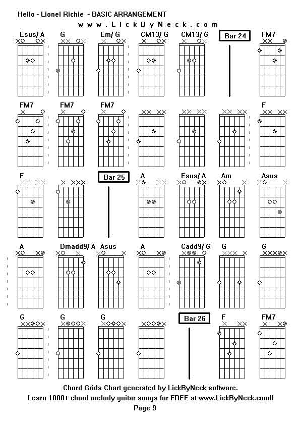 Chord Grids Chart of chord melody fingerstyle guitar song-Hello - Lionel Richie  - BASIC ARRANGEMENT,generated by LickByNeck software.